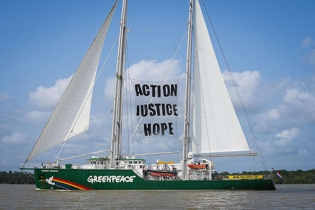 Greenpeace Ship Rainbow Warrior Arrives in Belém for COP30. © Filipe Bispo / Greenpeace