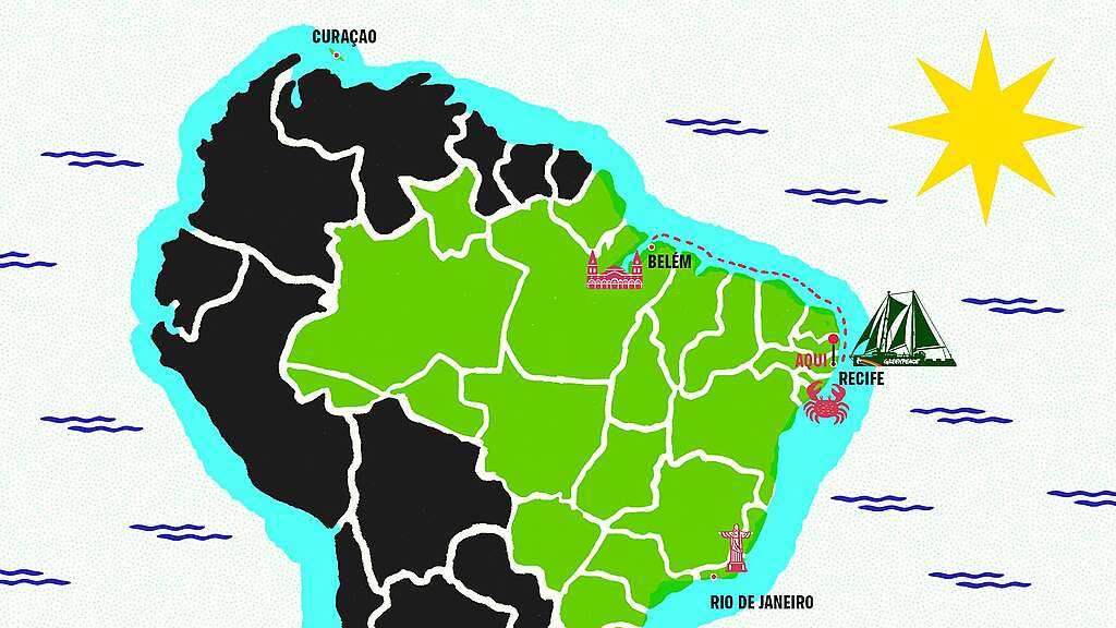 Mapa ilustrado da América do Sul destacando o Brasil em verde, com uma rota pontilhada ligando Curaçao a Belém e depois a Recife; as cidades são marcadas por ícones, e o navio do Greenpeace aparece próximo a Recife. Mapa ilustrado da América do Sul destacando o Brasil em verde, com uma rota pontilhada ligando Curaçao a Belém e depois a Recife; as cidades são marcadas por ícones, e o navio do Greenpeace aparece próximo a Recife.