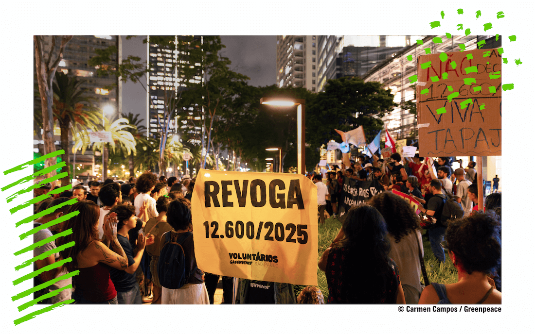 Foto de uma manifestação em frente à empresa Cargill, em São Paulo, com muitos manifestantes segurando cartazes. O foco está em um cartaz que diz: “Revoga 12.600/2025” e “Não ao Decreto 12.600. Viva o Tapajós!”. A imagem transmite mobilização e protesto em defesa aos rios da Amazônia. Foto de uma manifestação em frente à empresa Cargill, em São Paulo, com muitos manifestantes segurando cartazes.
O foco está em um cartaz que diz: “Revoga 12.600/2025” e “Não ao Decreto 12.600. Viva o Tapajós!”. A imagem transmite mobilização e protesto em defesa aos rios da Amazônia.