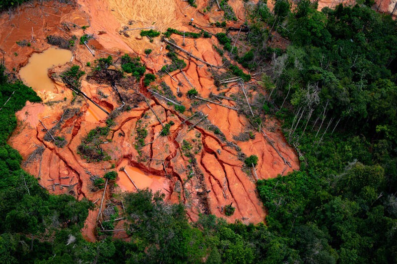 Vista aérea de área de garimpo com troncos de árvore derrubados, solo exposto em tons alaranjados, sulcos de erosão profunda e poças de água barrenta cercadas por resquícios de vegetação amazônica.