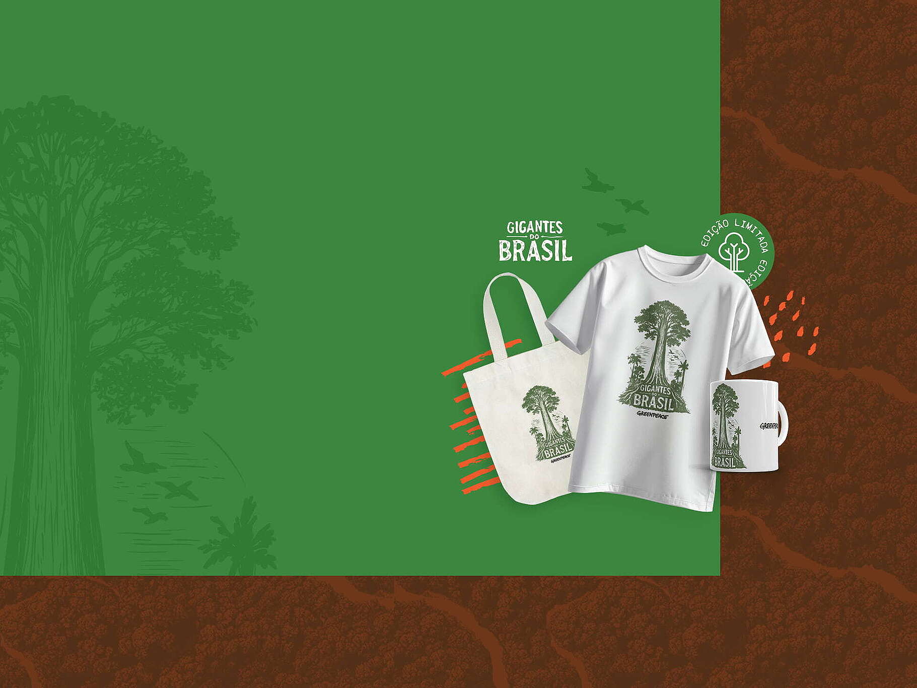 desenho da coleção Gigantes do Brasil (ecobag, camiseta e caneca) estampado com ilustração de árvore gigante, sobre fundo verde com selo "Edição Limitada".