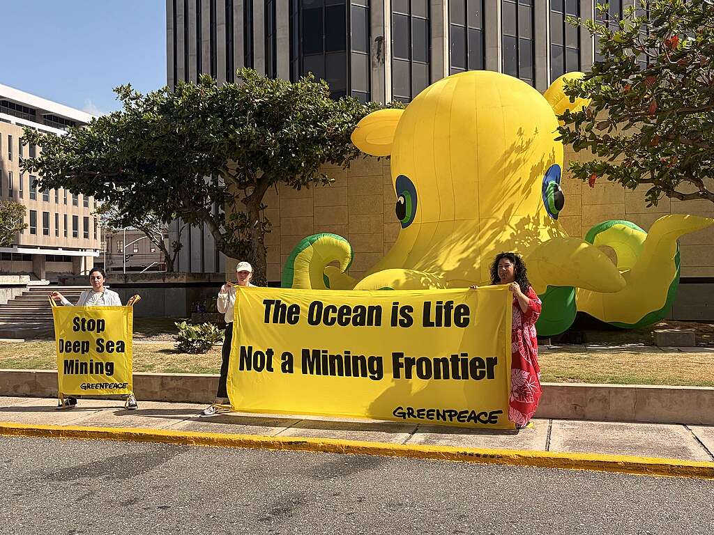 image Ativistas do Greenpeace seguram faixas contra a mineração em mar profundo, diante de um polvo inflável amarelo. A ação defende a proteção dos oceanos e do fundo do mar diante da exploração de minerais do fundo do oceano.