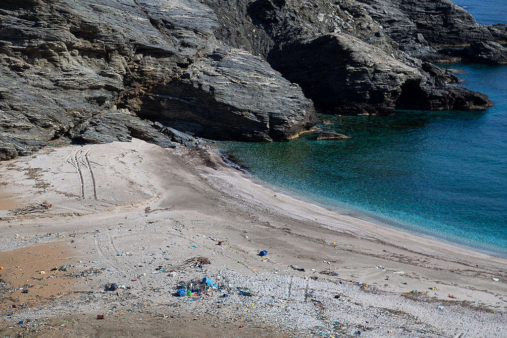 Revisiting Beaches after Clean-up in Greece. © Constantinos Stathias / Greenpeace Плаж Чаракас в Евия, Гърция, само 8 месеца след почистването. © Константинос Статиас/ „Грийнпийс“