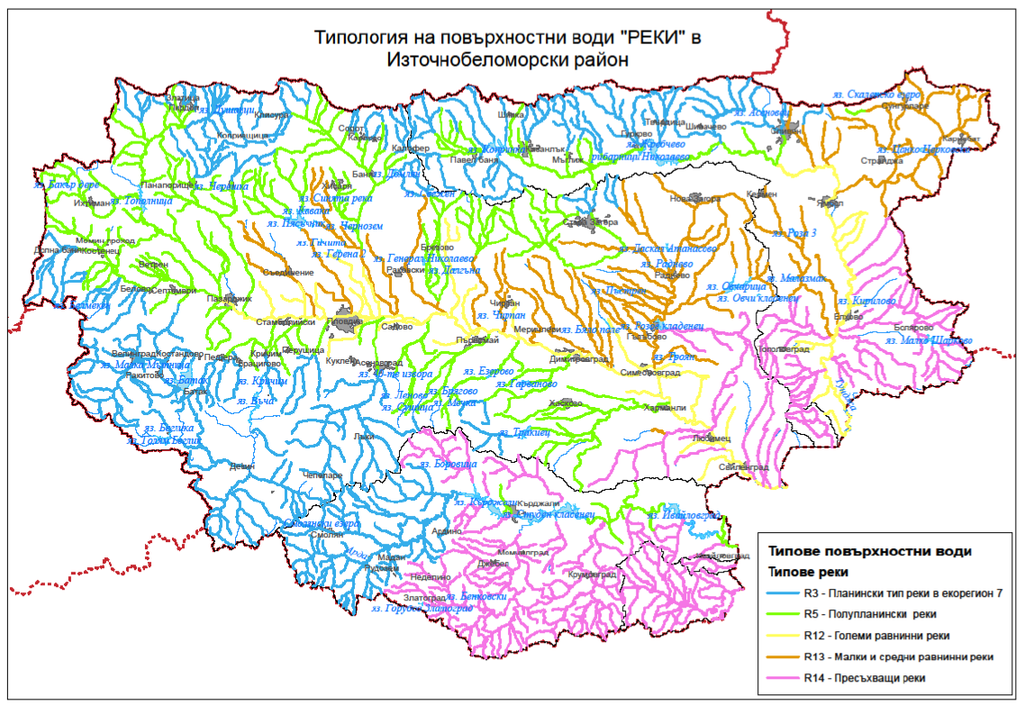 Карта, показваща състоянието на водите в Източнобеломорски район Карта, показваща състоянието на водите в Източнобеломорски район