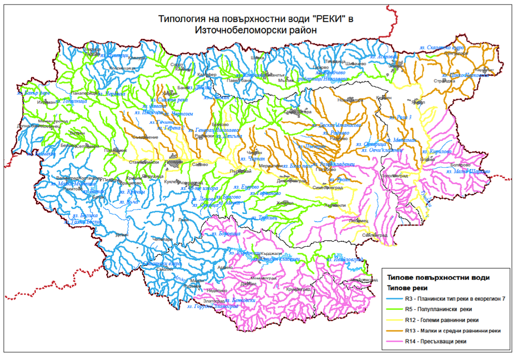 Карта, показваща състоянието на водите в Източнобеломорски район