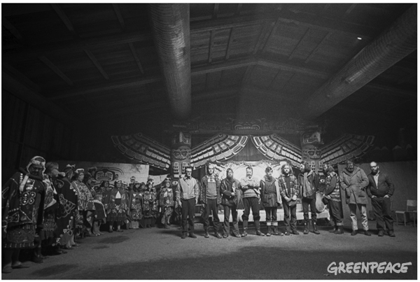 Greenpeace Amchitka Crew (without regalia) and members of Kwakwaka'wakw communities - Robert Keziere photo