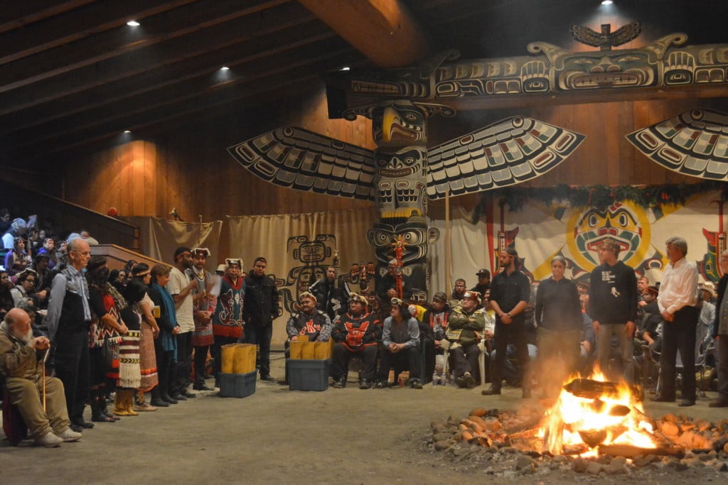 Greenpeace (current staff and original 1971 crew members) renewing ties and Sisiutl in Alert Bay at Mike Willie Potlatch, March 7 2015 Greenpeace - photo: Jill Fitz Hirschbold 