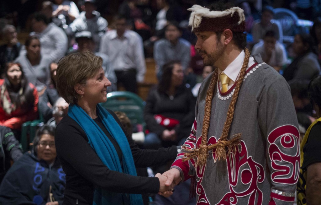 Greenpeace Canada's Joanna Kerr and Mike Willie formally renew ties of friendship and alliance between Greenpeace and Kwakwaka'wakw Hereditary Chiefs 