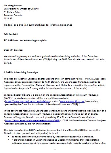 Greenpeace and Democracy Watch request for an investigation of CAPP advertising campaign