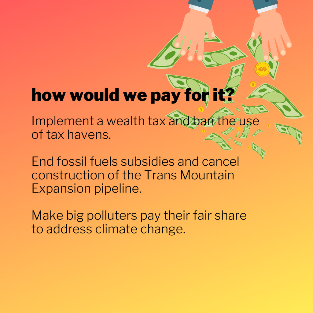 Throne Speech and Greenpeace: Implement a wealth tax and ban the use of tax havens.

End fossil fuels subsidies and cancel construction of the Trans Mountain Expansion pipeline.

Make big polluters pay their fair share to address climate change.