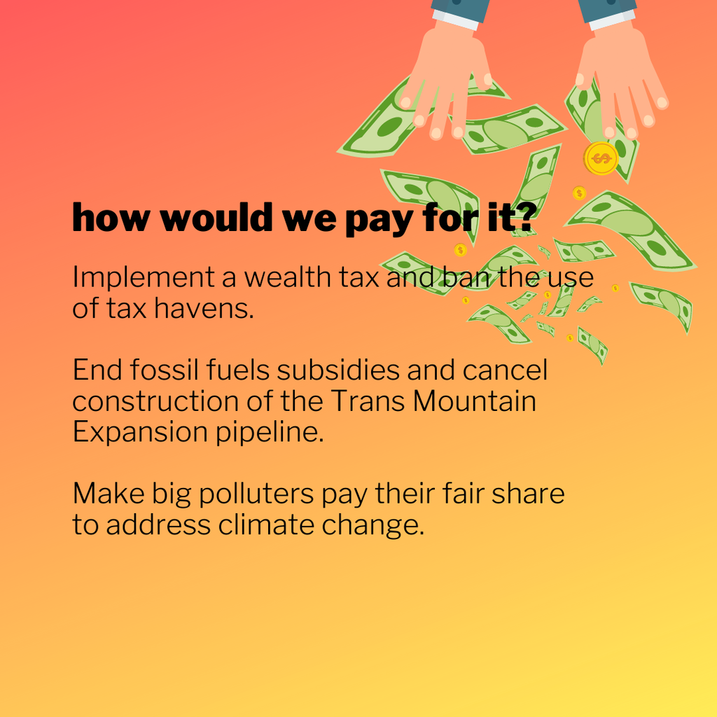 Throne Speech and Greenpeace: Implement a wealth tax and ban the use of tax havens.
End fossil fuels subsidies and cancel construction of the Trans Mountain Expansion pipeline.
Make big polluters pay their fair share to address climate change.