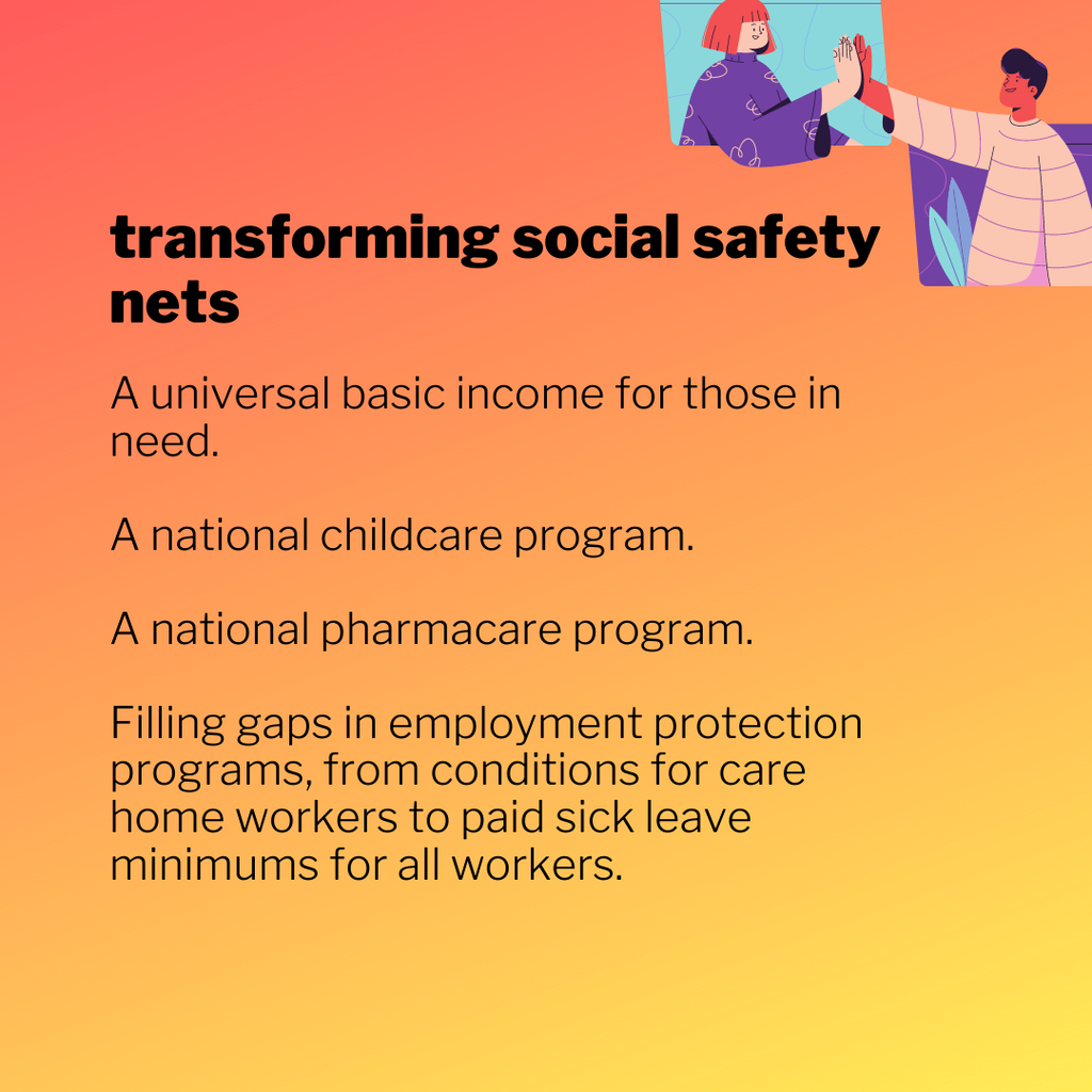 Throne Speech and Greenpeace: A universal basic income for those in need.
A national childcare program.
A national pharmacare program.
Filling gaps in employment protection programs, from conditions for care home workers to paid sick leave minimums for all workers.