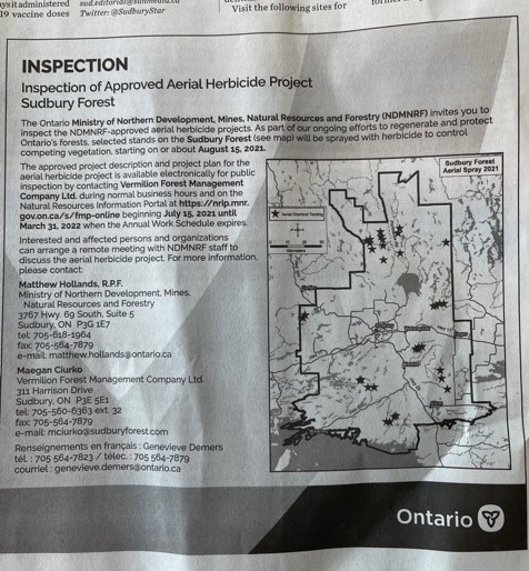 Notice published in Sudbury newspaper