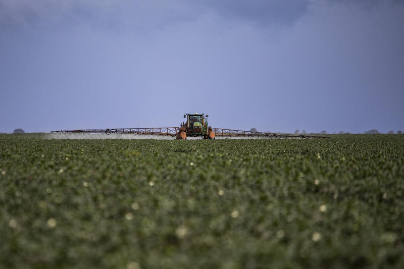 Spraying tractor in an industrial scale soybean plantation in the "Ring of Soy", which also includes the city of Luis Eduardo Magalhães, in Bahia state. Brazil is the largest exporter of soybeans in the world. Soybean cultivation has accelerated the deforestation of Brazilian biomes such as the Cerrado. Trator pulverizador em uma plantação de soja em escala industrial no “Anel da Soja”, que inclui também a cidade de Luis Eduardo Magalhães, Bahia. O Brasil é o maior exportador de soja no mundo. O cultivo da soja acelerou o desmatamento em biomas brasileiros como o Cerrado.