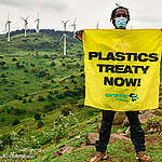 Activists from Greenpeace Africa hold banners in support of a Global Plastics Treaty. These images were taken at the Ngong Hills in Nairobi, Kenya.