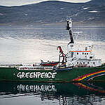The Arctic Sunrise, anchored at Clyde River. 

Arctic Sunrise crew and guests in Clyde River, Nunavut, on August 16th, 2016. The ship has come to Clyde River, Nunavut, to deliver solar panels for the community.