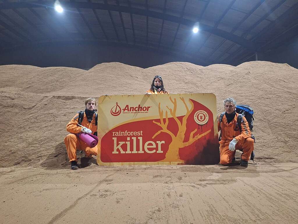 En 2025, des activistes de Greenpeace Aotearoa (Nouvelle-Zélande) ont occupé l’entrepôt du plus grand fournisseur de tourteau de palmiste de Fonterra.