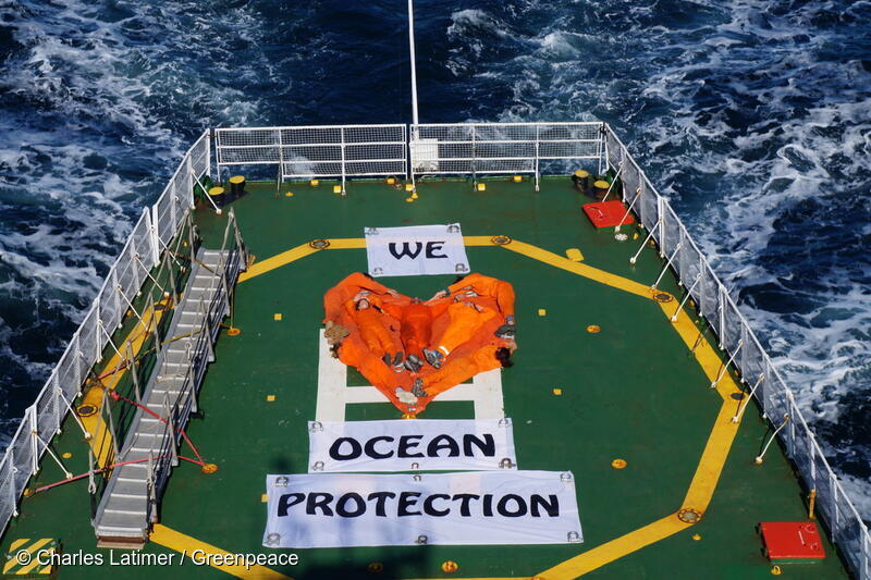 Banner on Helideck of Arctic Sunrise in the Atlantic Ocean