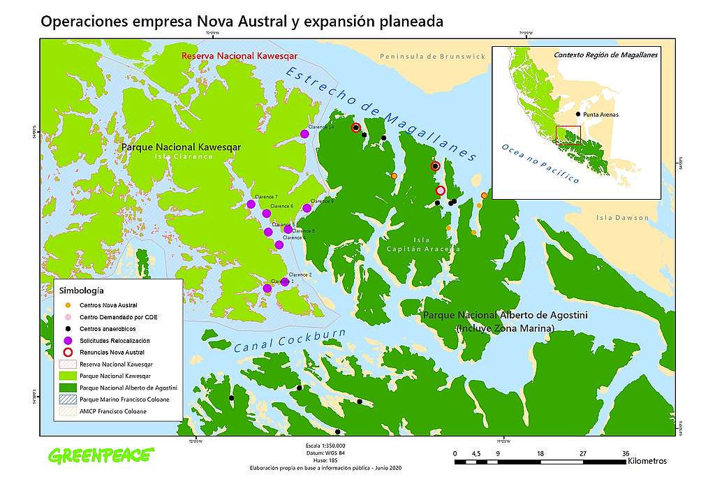 Cartografía Operaciones Nova Austral en Parque Nacional Alberto de Agostini y relocalización en Parque y Reserva Nacional Kawésqar, centros con denuncias y problemas ambientales.