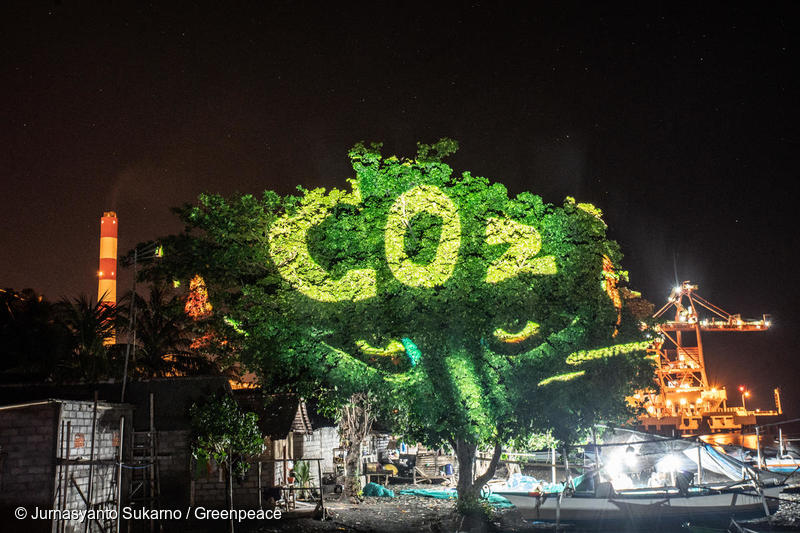Activistas de Greenpeace Indonesia proyectan una imagen de una cara pintada con la palabra "CO2" en un árbol cerca de la central eléctrica de carbón Celukan Bawang en Celukan Bawang, Bali, Indonesia. Activistas de Greenpeace Indonesia proyectan una imagen de una cara pintada con la palabra "CO2" en un árbol cerca de la central eléctrica de carbón Celukan Bawang en Celukan Bawang, Bali, Indonesia.