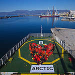 Crew members aboard the Greenpeace ship, Arctic Sunrise create an 'I Love Arctic' human banner on the deck. 
More than 17,000 volunteers from around the world have come together in over 200 cities to form human banners which spell out ‘I Love Arctic." The activists are demanding that political leaders protect the pristine Arctic environment.