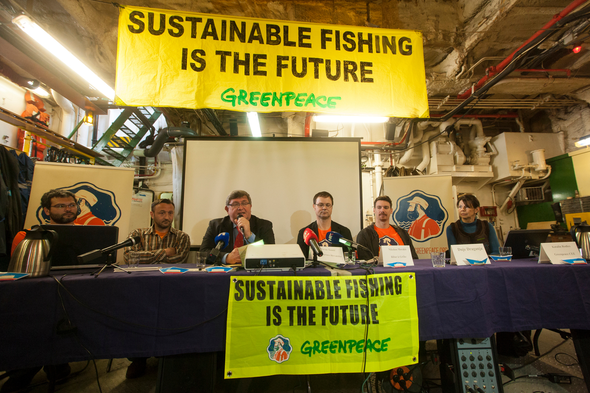 Press Conference on Arctic Sunrise in Croatia. © Philip Reynaers / Greenpeace