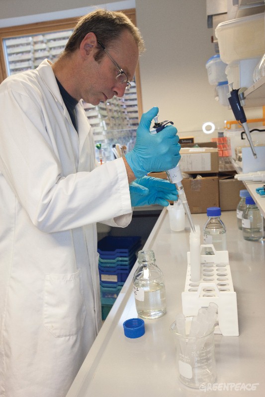 Scientist Kevin Brigden working at the Greenpeace Research Laboratories at Exeter University.