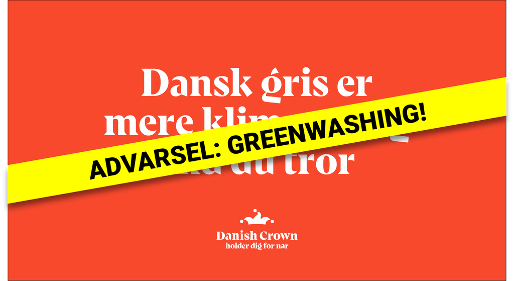 Grafik med Danish Crowns markedsføring af svin, hvor der er sat en gul advarselsbjælke over. Bjælken advarer mod greeenwashing