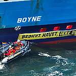 Greenpeace Nordic takes action against the chemical tanker Boyne arriving in Denmark to unload toxic wastewater. The activists in rhibs and kayaks hold banners demanding an end to all toxic waste water discharge in Danish waters.