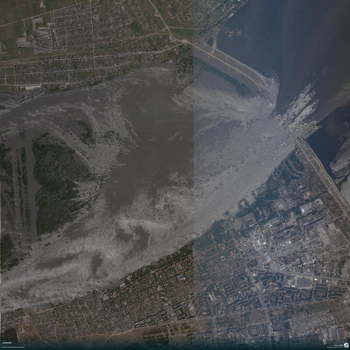 Kakhovka Dam Destruction in Ukraine. © Planet Labs PBC / Greenpeace Kakhovka Dam Destruction in Ukraine. © Planet Labs PBC / Greenpeace
