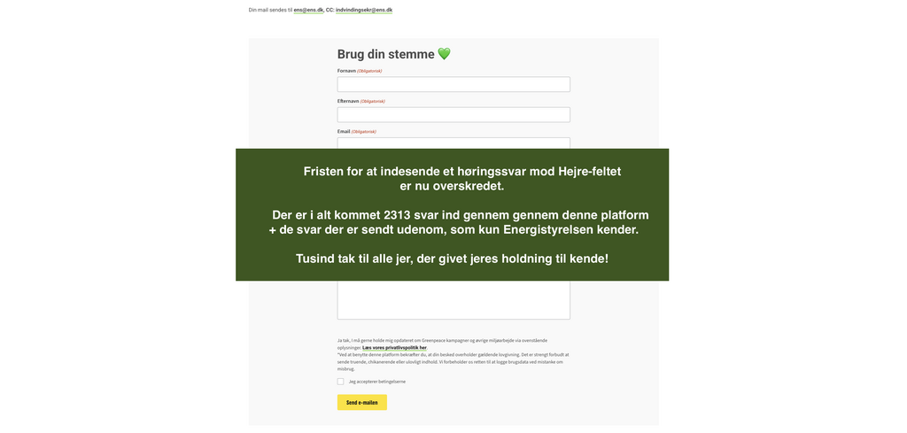 Fristen for at indesende et høringssvar mod Hejre-feltet er nu overskredet. Der er i alt kommet 2313 svar ind gennem gennem denne platform + de svar der er sendt udenom, som kun Energistyrelsen kender. Tusind tak til alle jer, der givet jeres holdning til kende!