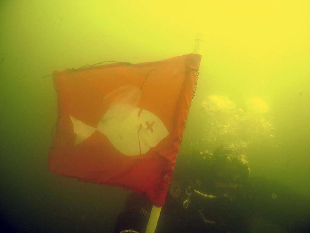 Rødt flag for fisk - Skive Rødt flag for fisk sættes i Skive Fjord i forbindelse med måling af iltsvind. Alger gjorde vandet så grumset, at vores dykkere kun kunne se en halv meter frem.
