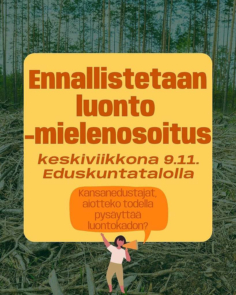 Juliste, jossa tekstit "Ennallistetaan luonto -mielenosoitus keskiviikkona 9.11. Eduskuntatalolla" ja "Kansanedustajat, aiotteko todella pysäyttää luontokadon?"