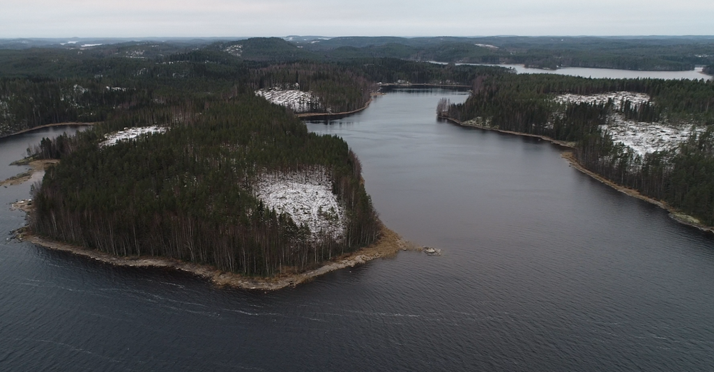 Ilmakuva, jossa näkyy UPM:n avohakkuita useilla saarilla. Kuvassa useita hakkuuaukkoja Saimaan suojelualueilla.