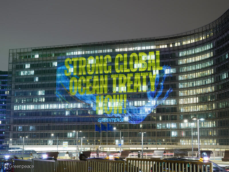 Greenpeacen aktivistit heijastivat mertensuojelusopimusta vaativan viestin EU-komission päämajan seinään Brysselissä 23.1.2023.