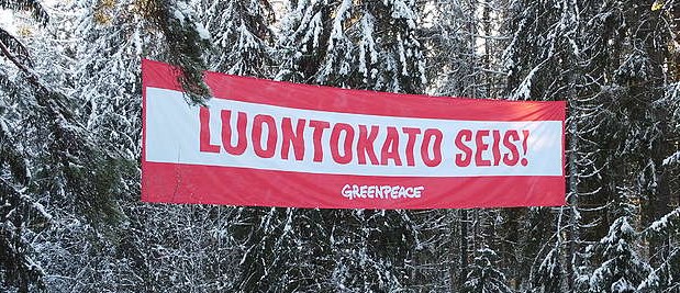 Korkealla puihin viritetty banderolli, jossa lukee "Luontokato seis!".