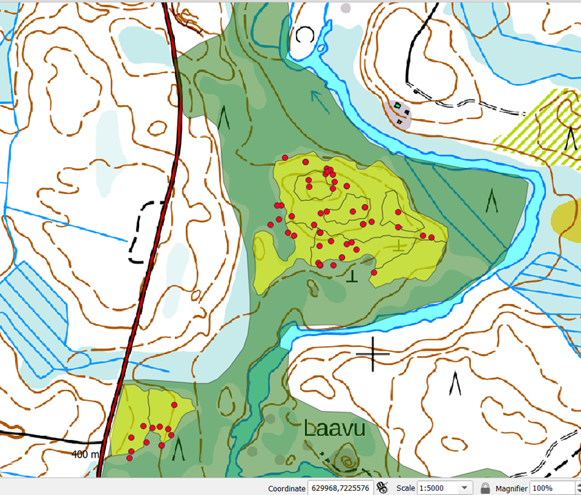 Kuvassa karttakuva Karttimonjoen hakkuusuunnitelmissa. Kuvassa näkyy esimerkiksi hakkuualueet sekä arvokkaan alueen rajaus.