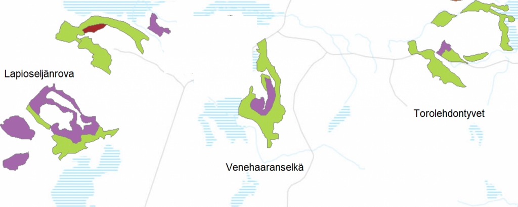 Kartta, jossa näkyy Venehaaranselkä, Torolehdontyvet ja Lapioseljänrova.