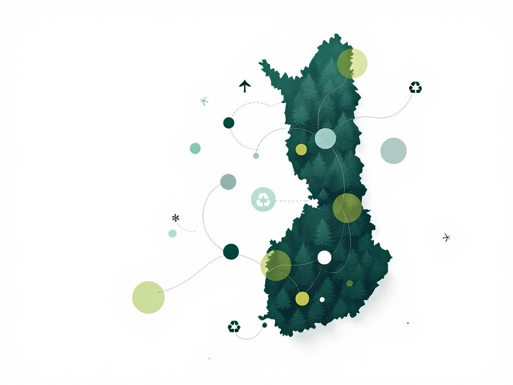 Suomen karttamuoto vihreänä, josta virtaa ympyröitä symboloimassa hiilijalanjäljen pienentämistä ja kestävää kehitystä