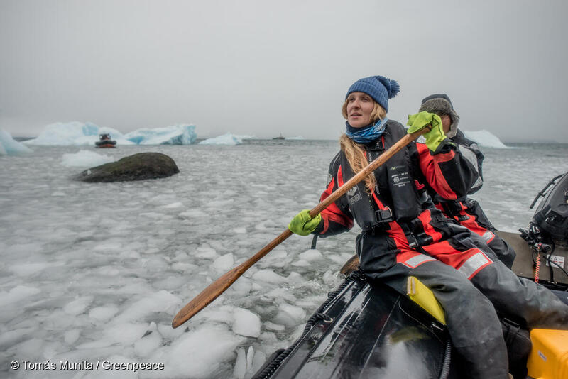 Onboard Lead Campaigner Louisa Casson in a RHIB near Beak Island, Antarctica.