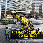 ‘Taxonosaurus’ Dinosaur at EU Commission HQ in Brussels. © Johanna de Tessières / Greenpeace
