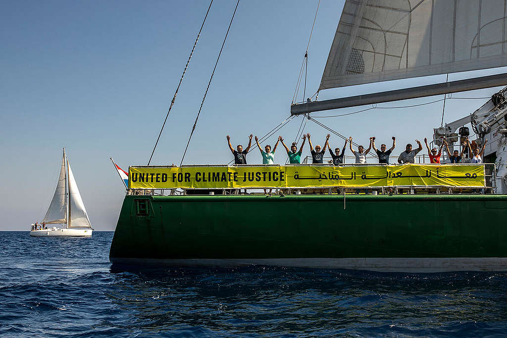 Flotilla welcomes Rainbow Warrior to the Hurghada port in Egypt as part of the United for Climate Justice Tour.