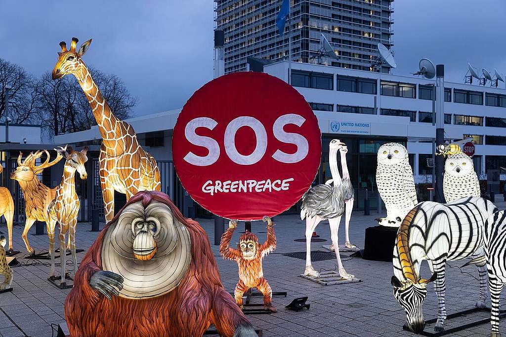 Protest with Luminous Animal Figures for Protecting Nature in front of UN Building in Bonn. Protest with Luminous Animal Figures for Protecting Nature in front of UN Building in Bonn.