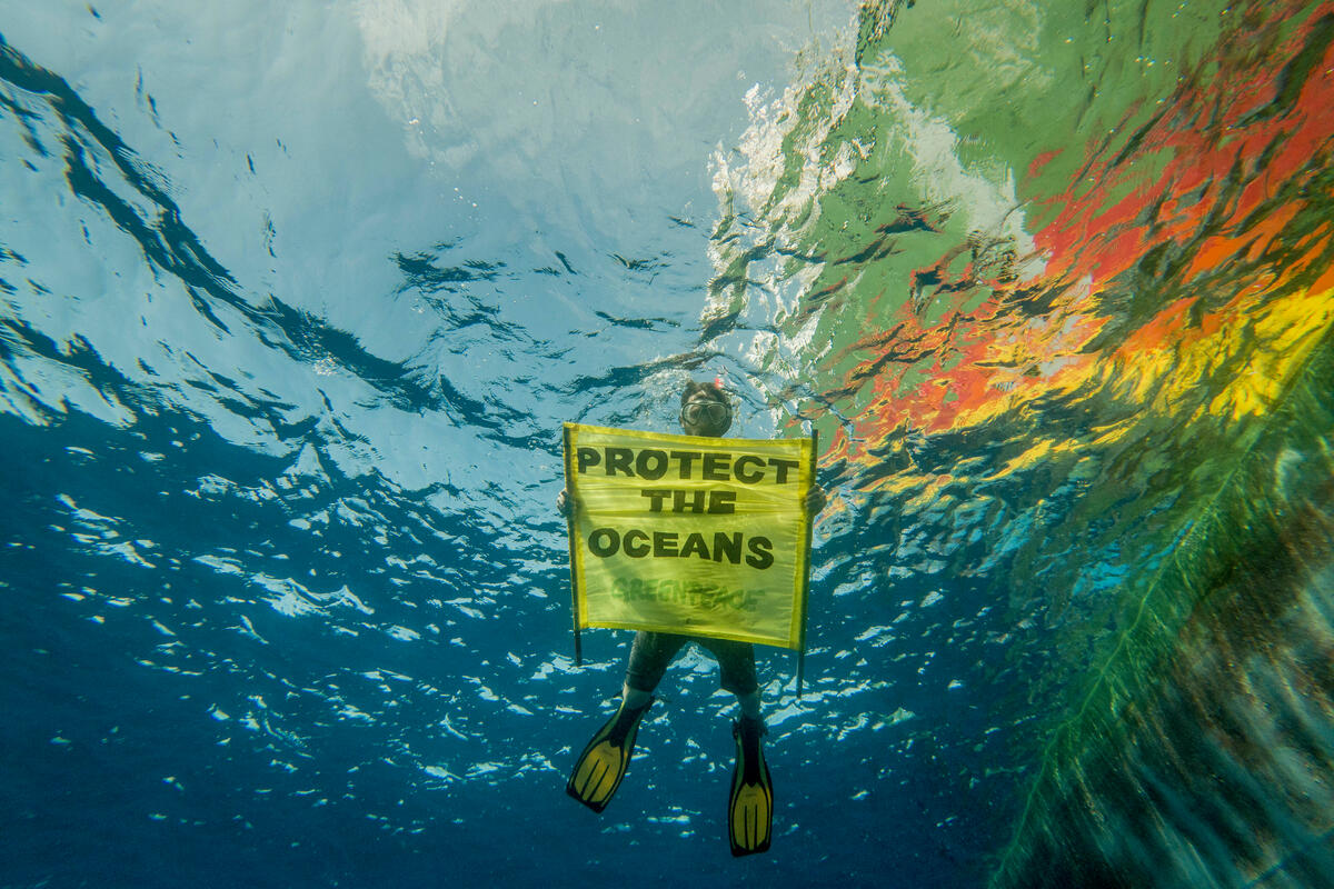 Protect the Oceans Banner in the Pacific Ocean. © Tomás Munita / Greenpeace