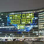 Greenpeace Belgium activists project messages calling for ocean protection onto European Commission headquarters in Brussels.  Greenpeace is calling on Commission president Ursula von der Leyen and environment commissioner Virginijus Sinkevičius to deliver on their, so far empty, promises to protect the oceans and agree a strong global ocean treaty.

Projection reads: Strong global ocean treaty now!