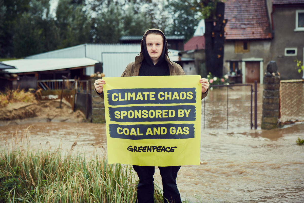 Banner in Flooded Area in Lower Silesia, Poland. © Greenpeace Banner in Flooded Area in Lower Silesia, Poland. © Greenpeace
