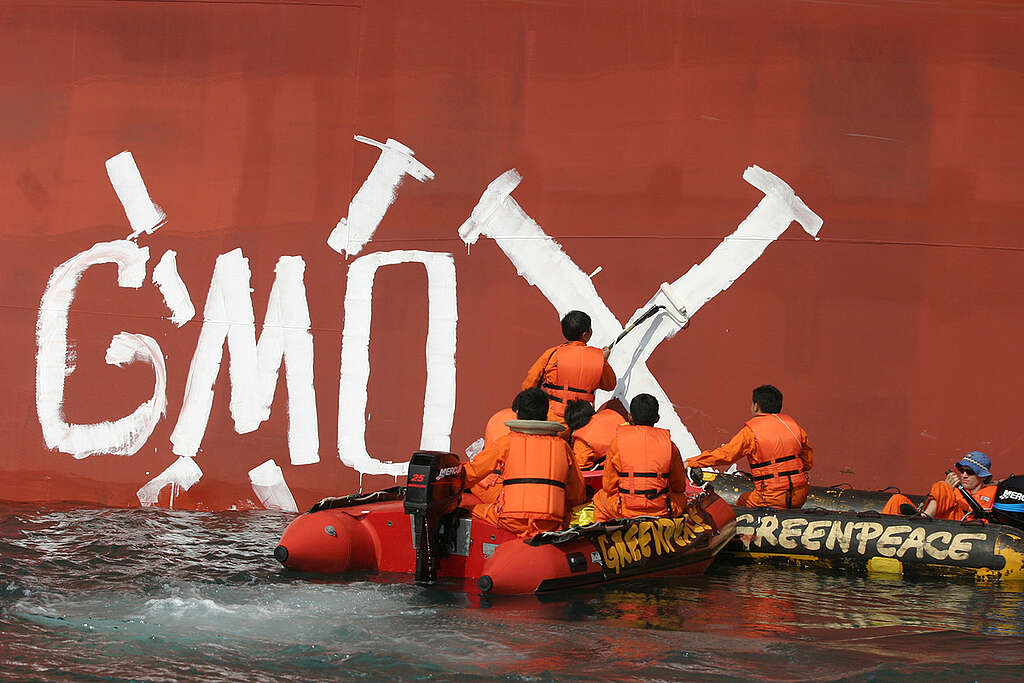 Greenpeace activists paint a giant  &ldquo;X&rdquo; and the letters &ldquo;GMOs&rdquo; on the hull of the MV Poseidon, a bulk-carrier transporting genetically engineered (GE) soy from Argentina to Thailand. Greenpeace is exposing Thailand has become the dumping ground of GE soy from the United States and Argentina.
