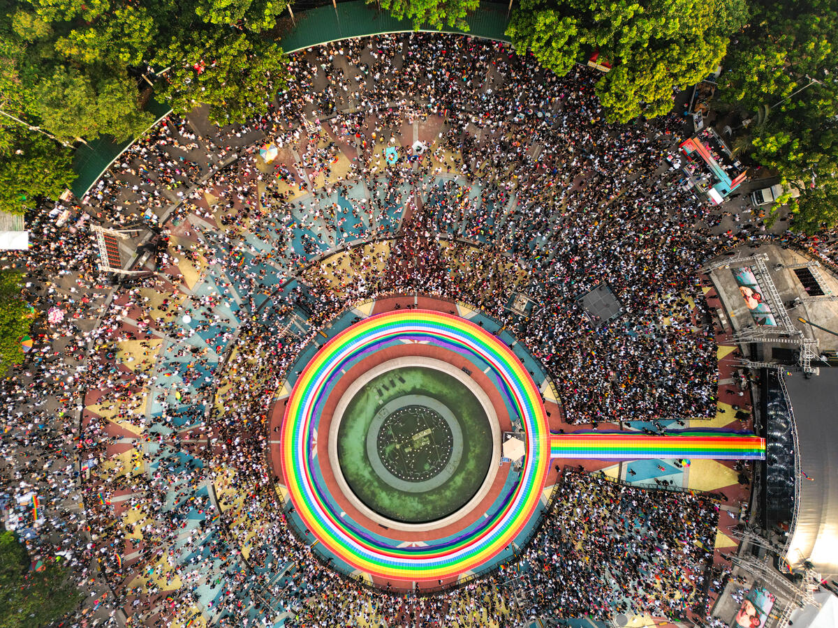 An aerial view of the Pride march calling for “Climate justice is queer justice,” at the LoveLaban Pride Festival in Quezon City, attended by a 100,000-strong crowd. 

Greenpeace set up a booth during the Pride festivities where attendees got to learn more of the connection of climate justice and queer justice, as well as participate in interactive activities like a Freedom Wall and a photobooth with creative props made of discarded single-use plastics.

A water refilling station was also made available at the booth where attendees got to refill their reusable containers for free, helping to avoid around 257 single-use plastic cups and bottles.