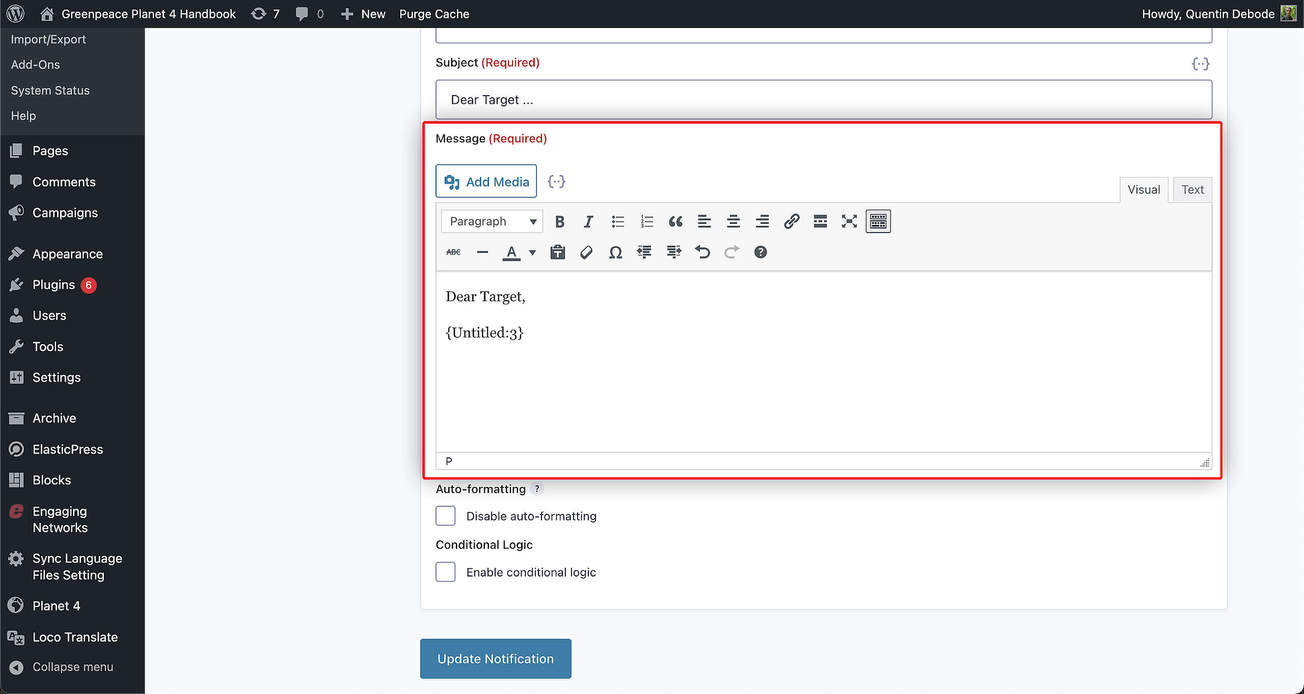 Email to Target: dynamic Message