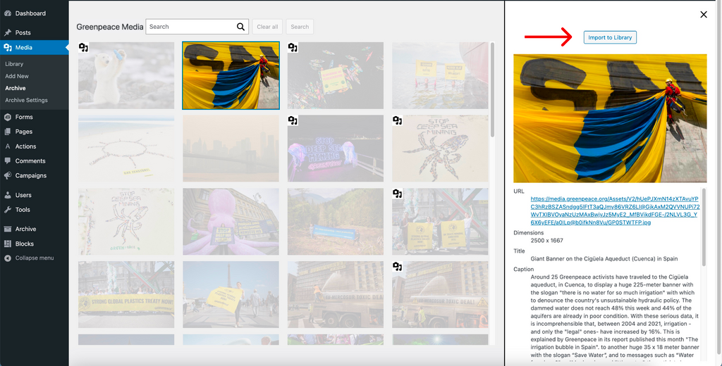 5c16c4e8-import-to-library Image of the Greenpeace Media with the arrow pointing to the import to library button.